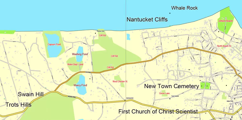 Printable map Nantucket and Martha's Vineyard Islands, Massachusetts, US, printable vector map street City Plan V.3.09 full editable, Adobe Illustrator, full vector, scalable, editable text format street names, 14 mb ZIP