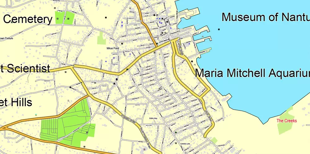 Printable map Nantucket and Martha's Vineyard Islands, Massachusetts, US, printable vector map street City Plan V.3.09 full editable, Adobe Illustrator, full vector, scalable, editable text format street names, 14 mb ZIP