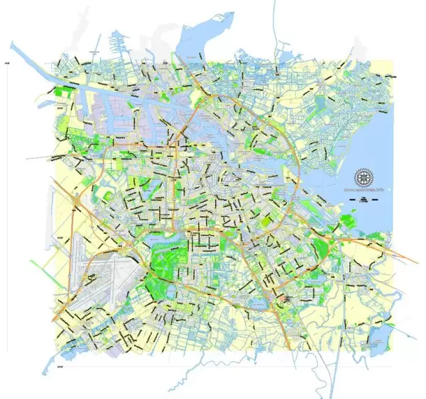Printable Map Amsterdam, Netherlands, printable vector map Adobe Illustrator editable City Plan G-View Level 13 (2.000 m) V3.09, full vector, scalable, editable, text format street names, 6 mb ZIP