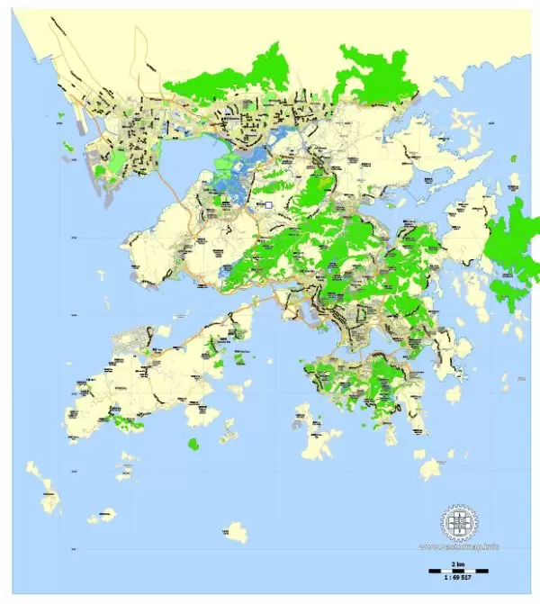 Printable Map Hong Kong - Shenzhen, China, exact vector map Adobe Illustrator editable City Plan G-View Level 13 (2.000 meters scale) V3.09, full vector, scalable, editable, text format street names, 7 mb ZIP