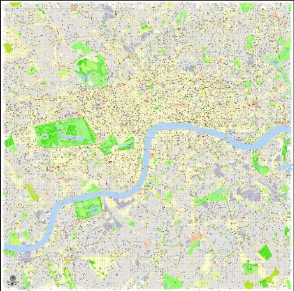 Printable Detailed Map London Center, England UK, exact vector map Adobe Illustrator editable City Plan G-View Level 17 (100 meters scale) V3.09, full vector, scalable, editable, text format street names, 16 mb ZIP