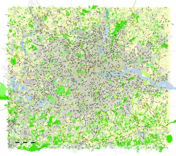 Printable Map Greater London, England UK, vector map Adobe Illustrator editable City Plan G-View Level 13 (2.000 m) V3.09, full vector, scalable, editable, text format street names, 24 mb ZIP