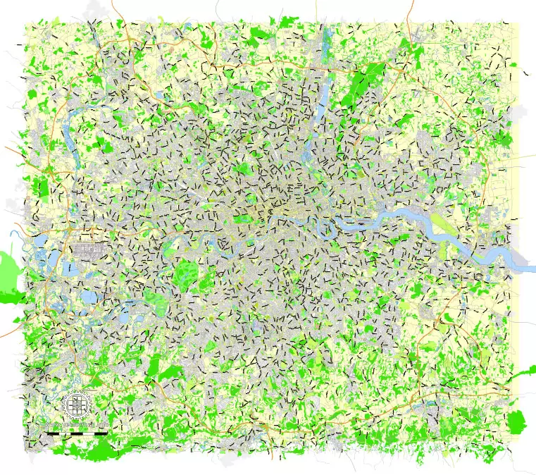 Printable Map Greater London, England UK, vector map Adobe Illustrator editable City Plan G-View Level 13 (2.000 m) V3.09, full vector, scalable, editable, text format street names, 24 mb ZIP