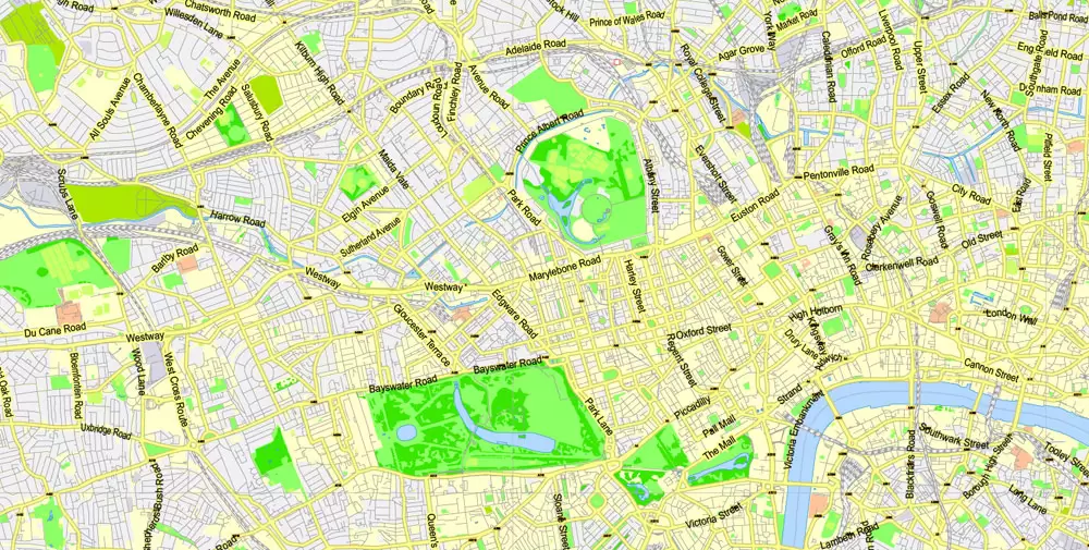 Printable Map Greater London, England UK, vector map Adobe Illustrator editable City Plan G-View Level 13 (2.000 m) V3.09, full vector, scalable, editable, text format street names, 24 mb ZIP