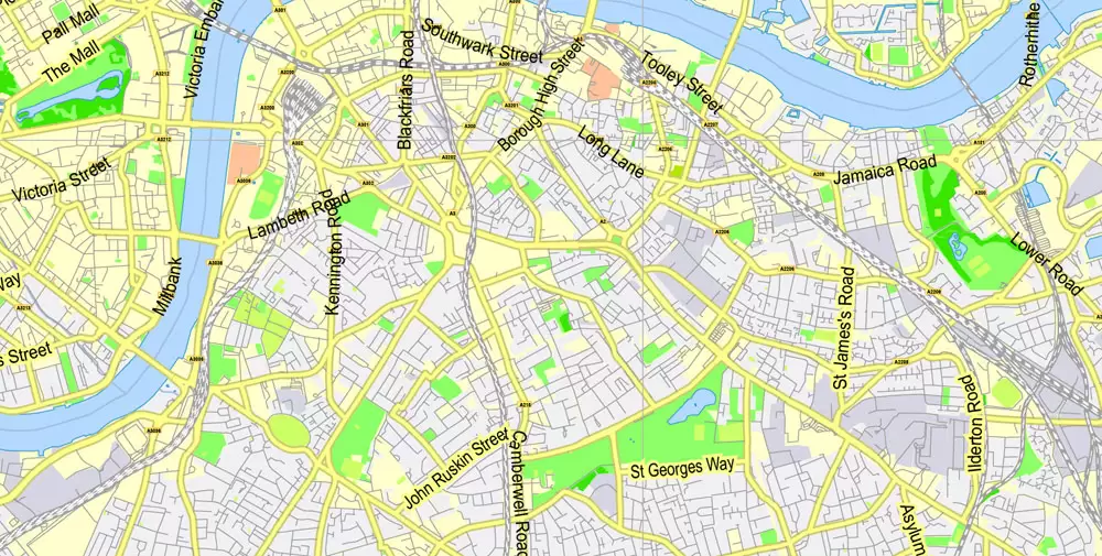 Printable Map Greater London, England UK, vector map Adobe Illustrator editable City Plan G-View Level 13 (2.000 m) V3.09, full vector, scalable, editable, text format street names, 24 mb ZIP