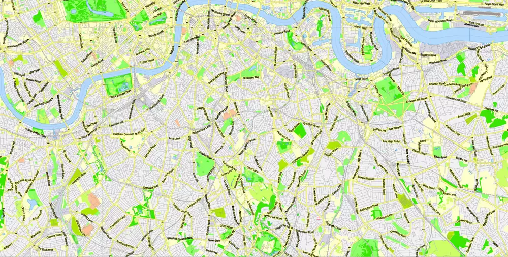 Printable Map Greater London, England UK, vector map Adobe Illustrator editable City Plan G-View Level 13 (2.000 m) V3.09, full vector, scalable, editable, text format street names, 24 mb ZIP