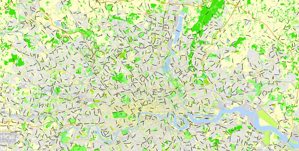 Printable Map Greater London, England UK, vector map Adobe Illustrator editable City Plan G-View Level 13 (2.000 m) V3.09, full vector, scalable, editable, text format street names, 24 mb ZIP