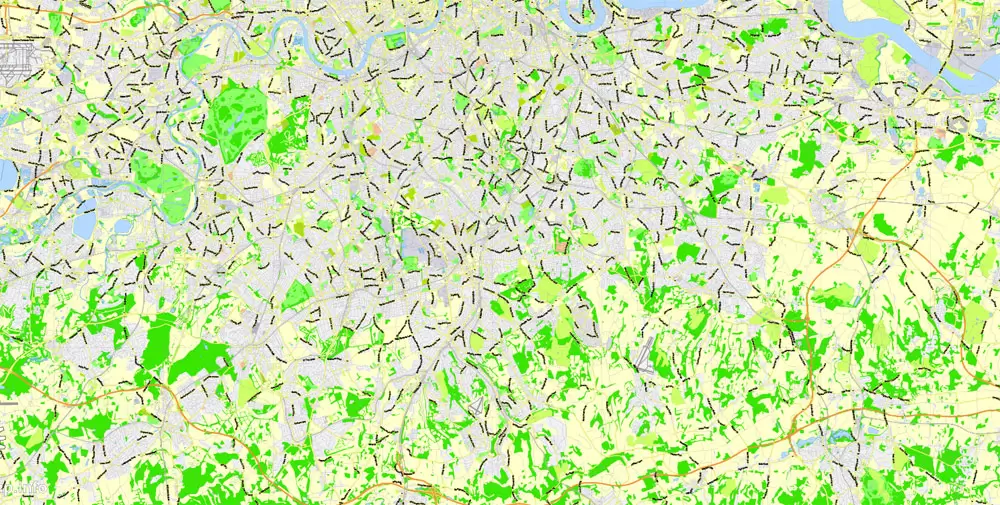 Printable Map Greater London, England UK, vector map Adobe Illustrator editable City Plan G-View Level 13 (2.000 m) V3.09, full vector, scalable, editable, text format street names, 24 mb ZIP