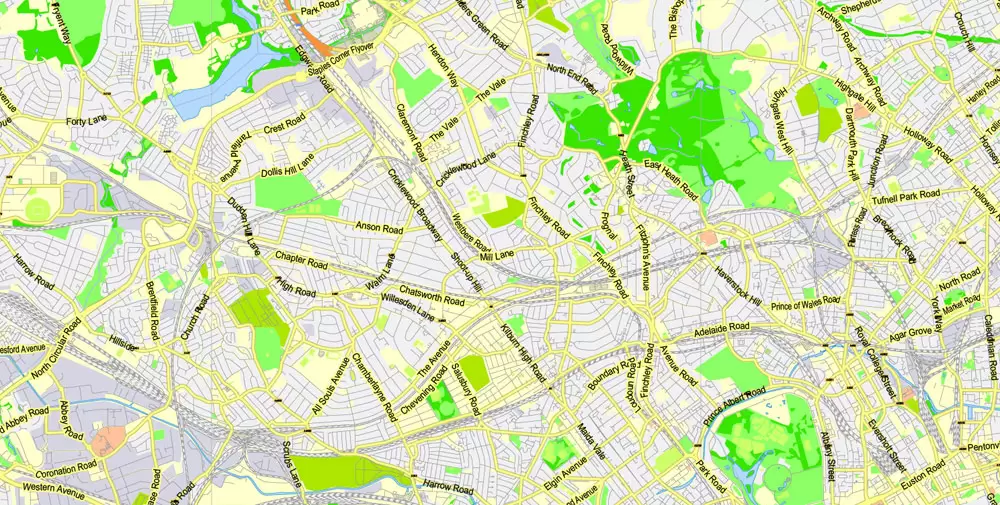 Printable Map Greater London, England UK, vector map Adobe Illustrator editable City Plan G-View Level 13 (2.000 m) V3.09, full vector, scalable, editable, text format street names, 24 mb ZIP