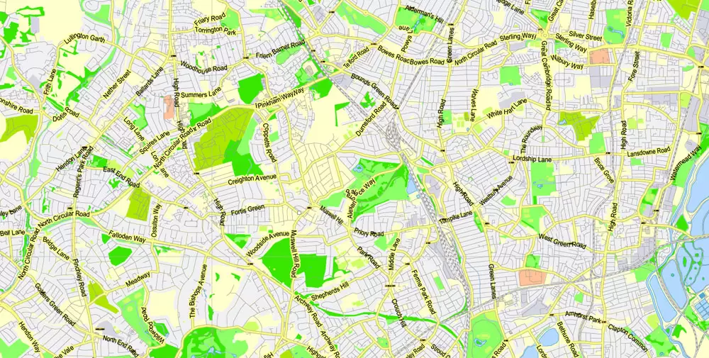 Printable Map Greater London, England UK, vector map Adobe Illustrator editable City Plan G-View Level 13 (2.000 m) V3.09, full vector, scalable, editable, text format street names, 24 mb ZIP