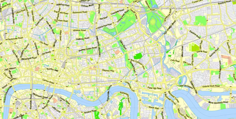 Printable Map Greater London, England UK, vector map Adobe Illustrator editable City Plan G-View Level 13 (2.000 m) V3.09, full vector, scalable, editable, text format street names, 24 mb ZIP