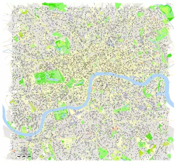 Printable Map London Center, England UK, vector map Adobe Illustrator editable City Plan G-View Level 16 (250 meters scale) V3.09, full vector, scalable, editable, text format street names, 13 mb ZIP