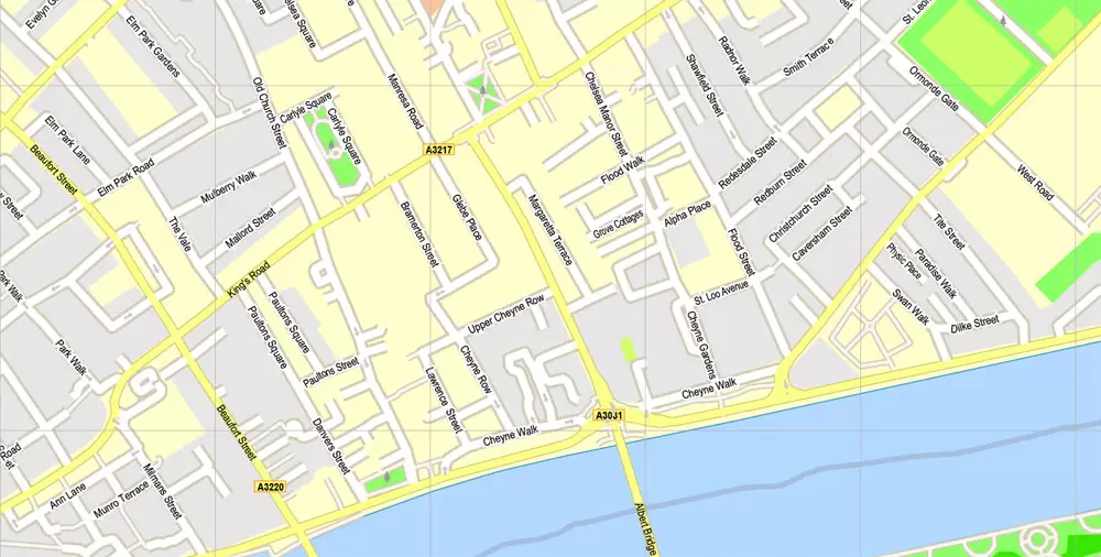 Printable Map London Center, England UK, vector map Adobe Illustrator editable City Plan G-View Level 16 (250 meters scale) V3.09, full vector, scalable, editable, text format street names, 13 mb ZIP