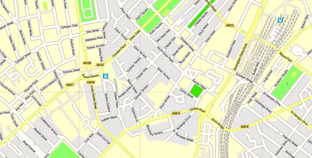 Printable Map London Center, England UK, vector map Adobe Illustrator editable City Plan G-View Level 16 (250 meters scale) V3.09, full vector, scalable, editable, text format street names, 13 mb ZIP