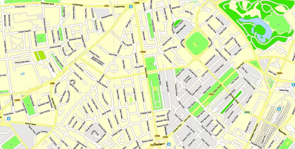 Printable Map London Center, England UK, vector map Adobe Illustrator editable City Plan G-View Level 16 (250 meters scale) V3.09, full vector, scalable, editable, text format street names, 13 mb ZIP