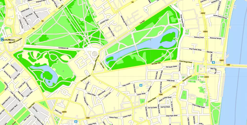 Printable Map London Center, England UK, vector map Adobe Illustrator editable City Plan G-View Level 16 (250 meters scale) V3.09, full vector, scalable, editable, text format street names, 13 mb ZIP