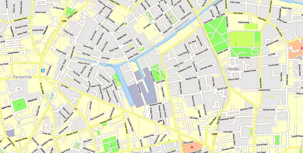 Printable Map London Center, England UK, vector map Adobe Illustrator editable City Plan G-View Level 16 (250 meters scale) V3.09, full vector, scalable, editable, text format street names, 13 mb ZIP