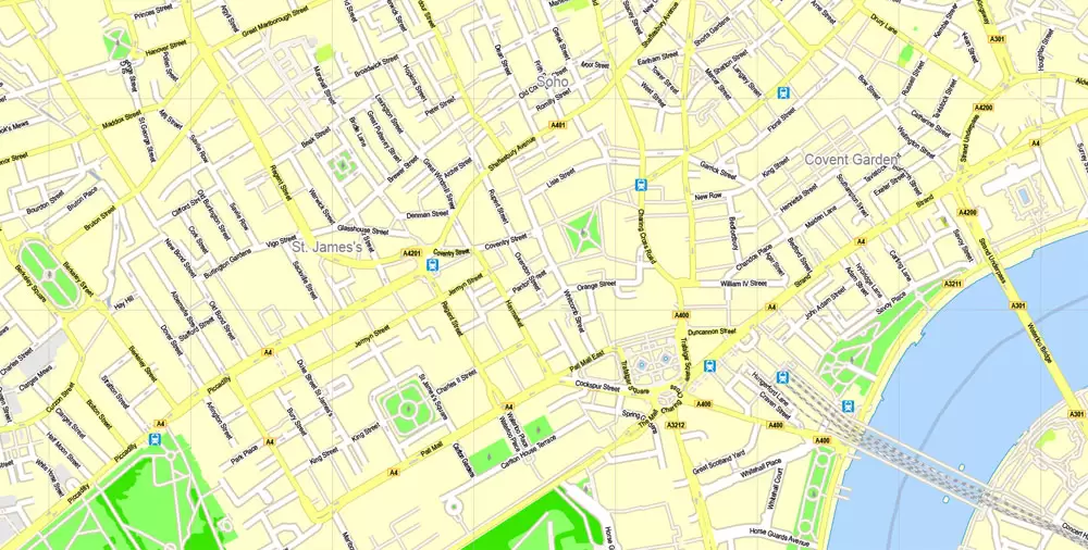 Printable Map London Center, England UK, vector map Adobe Illustrator editable City Plan G-View Level 16 (250 meters scale) V3.09, full vector, scalable, editable, text format street names, 13 mb ZIP