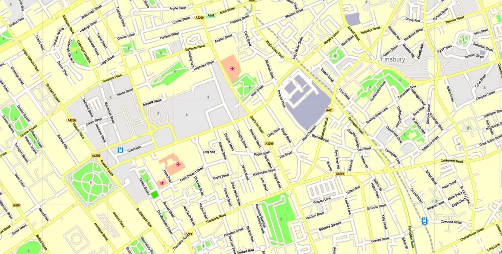 Printable Map London Center, England UK, vector map Adobe Illustrator editable City Plan G-View Level 16 (250 meters scale) V3.09, full vector, scalable, editable, text format street names, 13 mb ZIP