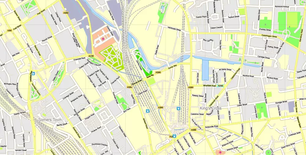 Printable Map London Center, England UK, vector map Adobe Illustrator editable City Plan G-View Level 16 (250 meters scale) V3.09, full vector, scalable, editable, text format street names, 13 mb ZIP