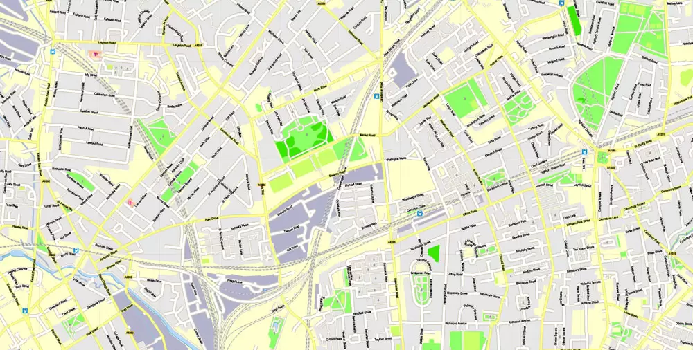 Printable Map London Center, England UK, vector map Adobe Illustrator editable City Plan G-View Level 16 (250 meters scale) V3.09, full vector, scalable, editable, text format street names, 13 mb ZIP