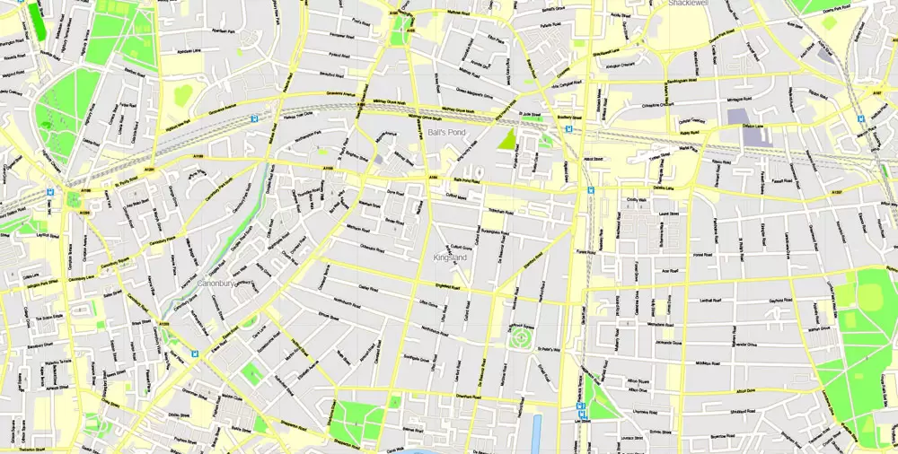 Printable Map London Center, England UK, vector map Adobe Illustrator editable City Plan G-View Level 16 (250 meters scale) V3.09, full vector, scalable, editable, text format street names, 13 mb ZIP