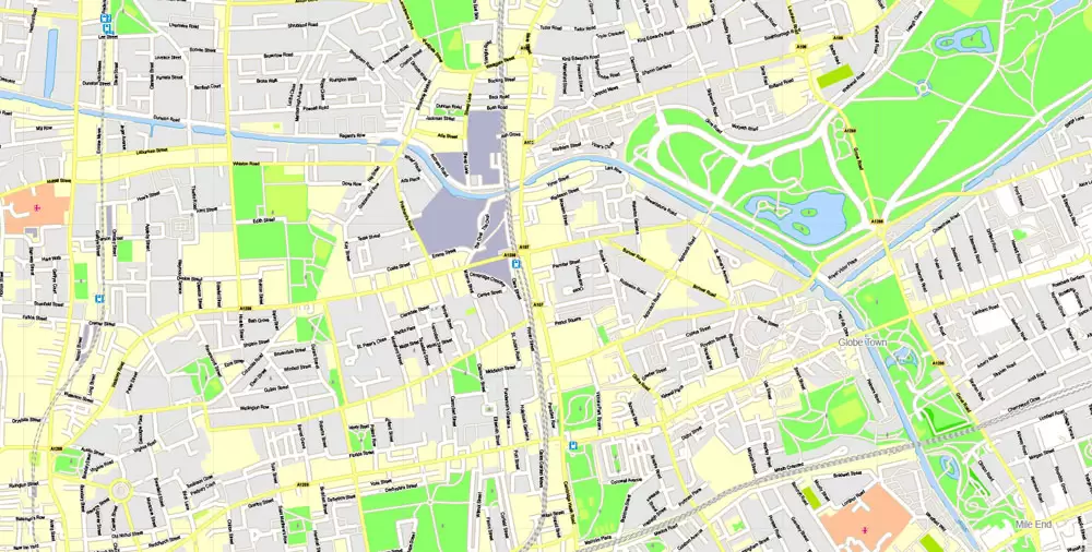 Printable Map London Center, England UK, vector map Adobe Illustrator editable City Plan G-View Level 16 (250 meters scale) V3.09, full vector, scalable, editable, text format street names, 13 mb ZIP