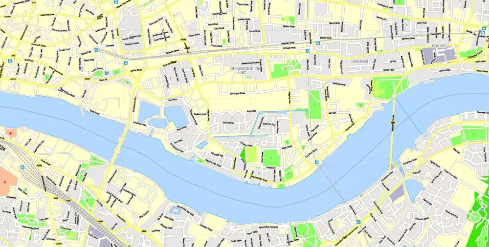 Printable Map London Center, England UK, vector map Adobe Illustrator editable City Plan G-View Level 16 (250 meters scale) V3.09, full vector, scalable, editable, text format street names, 13 mb ZIP