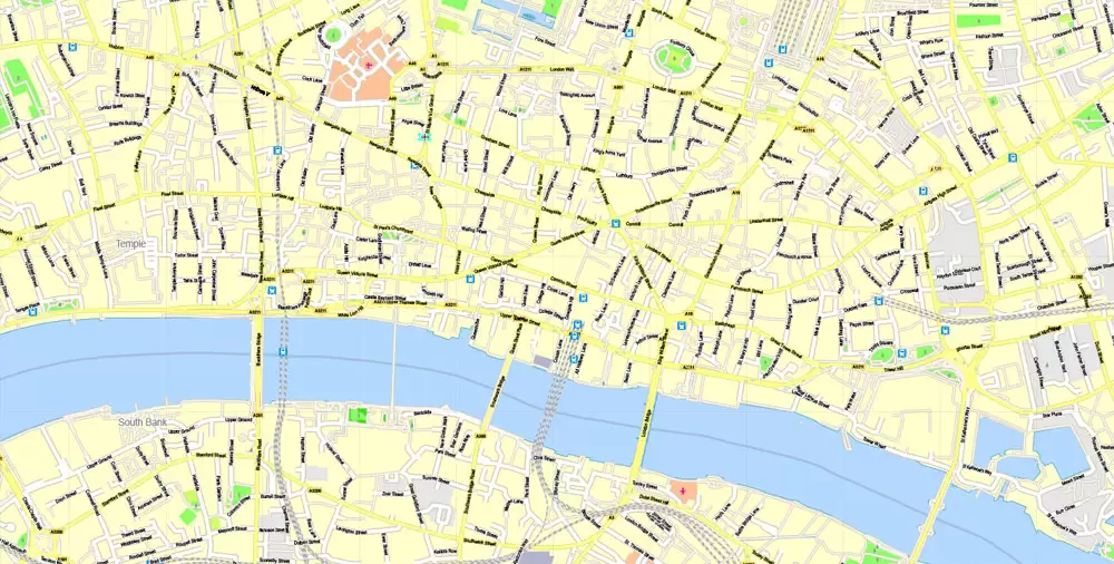 Printable Map London Center, England UK, vector map Adobe Illustrator editable City Plan G-View Level 16 (250 meters scale) V3.09, full vector, scalable, editable, text format street names, 13 mb ZIP
