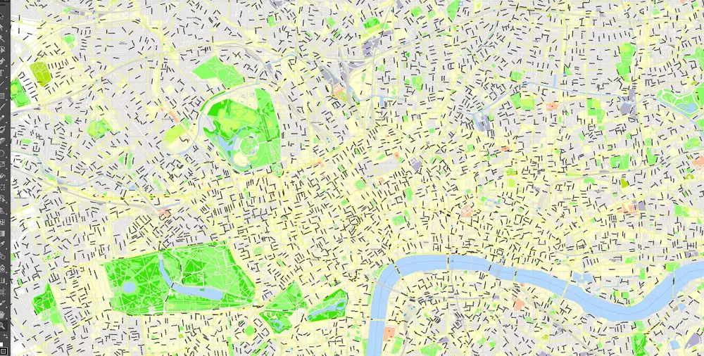 Printable Map London Center, England UK, vector map Adobe Illustrator editable City Plan G-View Level 16 (250 meters scale) V3.09, full vector, scalable, editable, text format street names, 13 mb ZIP