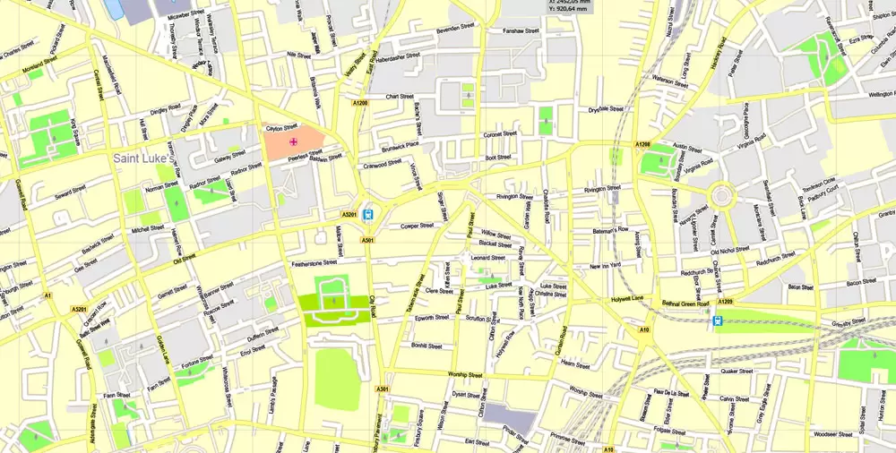 Printable Map London Center, England UK, vector map Adobe Illustrator editable City Plan G-View Level 16 (250 meters scale) V3.09, full vector, scalable, editable, text format street names, 13 mb ZIP