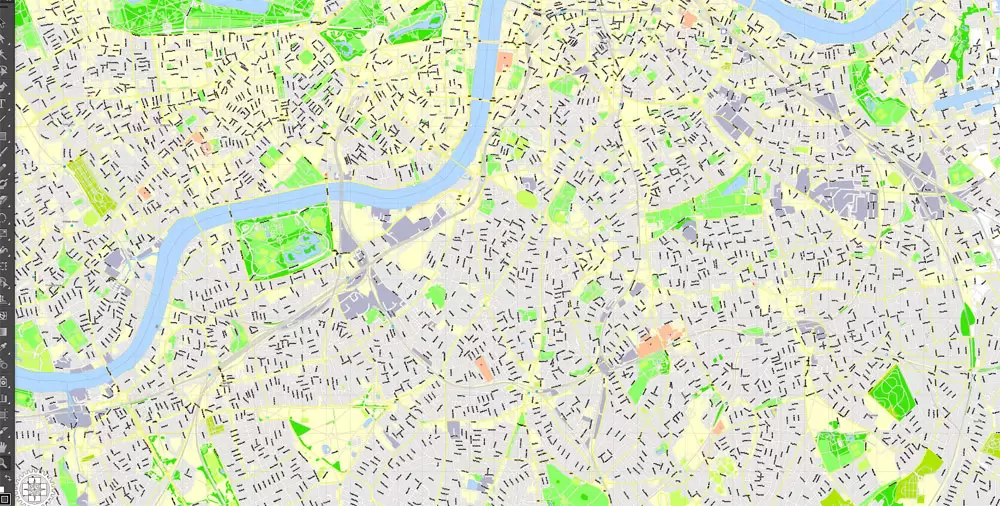 Printable Map London Center, England UK, vector map Adobe Illustrator editable City Plan G-View Level 16 (250 meters scale) V3.09, full vector, scalable, editable, text format street names, 13 mb ZIP
