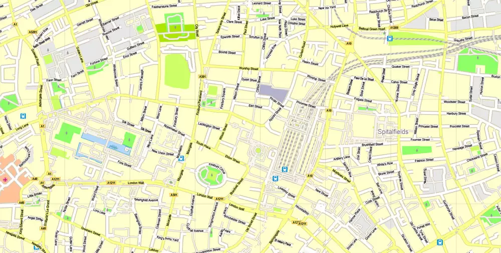 Printable Map London Center, England UK, vector map Adobe Illustrator editable City Plan G-View Level 16 (250 meters scale) V3.09, full vector, scalable, editable, text format street names, 13 mb ZIP
