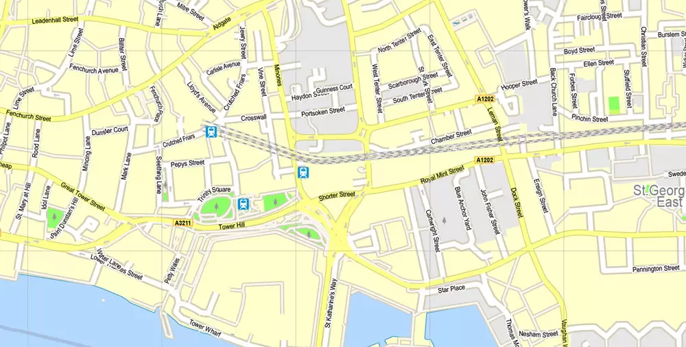 Printable Map London Center, England UK, vector map Adobe Illustrator editable City Plan G-View Level 16 (250 meters scale) V3.09, full vector, scalable, editable, text format street names, 13 mb ZIP