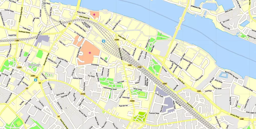Printable Map London Center, England UK, vector map Adobe Illustrator editable City Plan G-View Level 16 (250 meters scale) V3.09, full vector, scalable, editable, text format street names, 13 mb ZIP