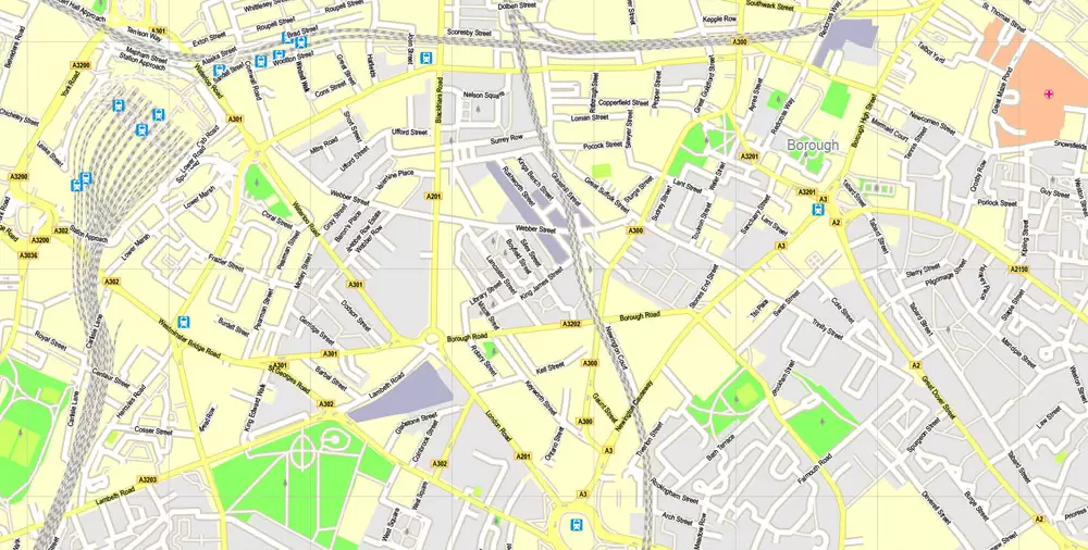 Printable Map London Center, England UK, vector map Adobe Illustrator editable City Plan G-View Level 16 (250 meters scale) V3.09, full vector, scalable, editable, text format street names, 13 mb ZIP