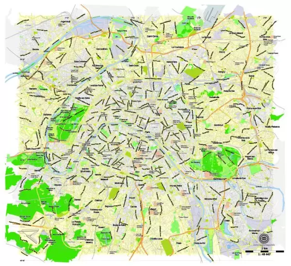 Printable Map Paris Grande Map, France, vector map Adobe Illustrator editable City Plan G-View Level 13 (2.000 meters scale) V3.09, full vector, scalable, editable, text format street names, 6 mb ZIP