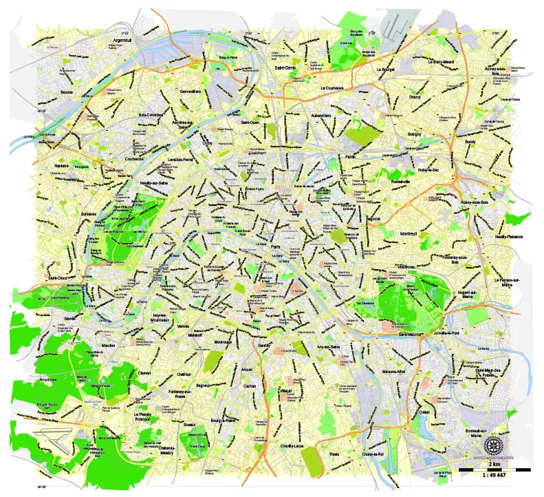 Printable Map Paris Grande Map, France, vector map Adobe Illustrator editable City Plan G-View Level 13 (2.000 meters scale) V3.09, full vector, scalable, editable, text format street names, 6 mb ZIP
