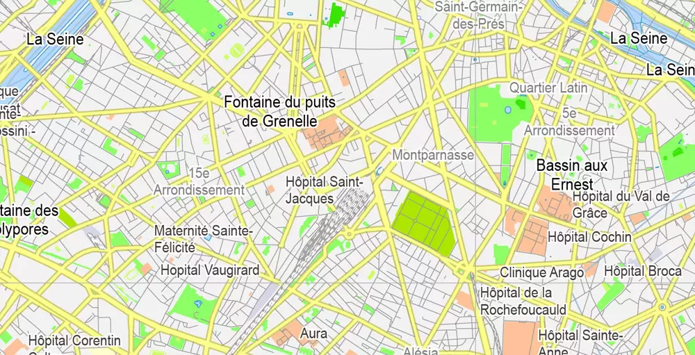 Printable Map Paris Grande Map, France, vector map Adobe Illustrator editable City Plan G-View Level 13 (2.000 meters scale) V3.09, full vector, scalable, editable, text format street names, 6 mb ZIP