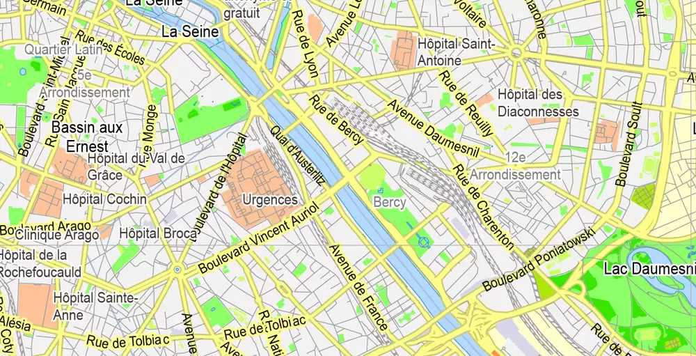 Printable Map Paris Grande Map, France, vector map Adobe Illustrator editable City Plan G-View Level 13 (2.000 meters scale) V3.09, full vector, scalable, editable, text format street names, 6 mb ZIP