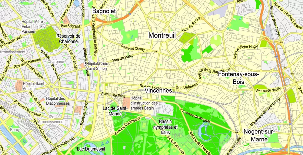 Printable Map Paris Grande Map, France, vector map Adobe Illustrator editable City Plan G-View Level 13 (2.000 meters scale) V3.09, full vector, scalable, editable, text format street names, 6 mb ZIP