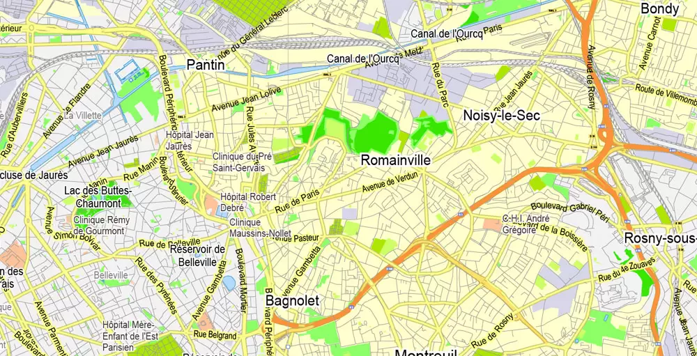 Printable Map Paris Grande Map, France, vector map Adobe Illustrator editable City Plan G-View Level 13 (2.000 meters scale) V3.09, full vector, scalable, editable, text format street names, 6 mb ZIP