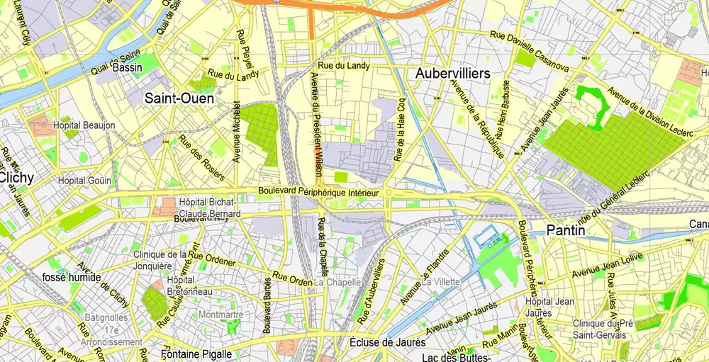 Printable Map Paris Grande Map, France, vector map Adobe Illustrator editable City Plan G-View Level 13 (2.000 meters scale) V3.09, full vector, scalable, editable, text format street names, 6 mb ZIP