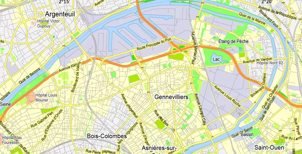 Printable Map Paris Grande Map, France, vector map Adobe Illustrator editable City Plan G-View Level 13 (2.000 meters scale) V3.09, full vector, scalable, editable, text format street names, 6 mb ZIP