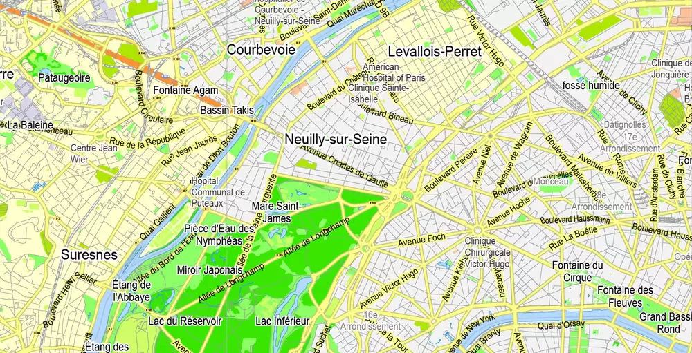 Printable Map Paris Grande Map, France, vector map Adobe Illustrator editable City Plan G-View Level 13 (2.000 meters scale) V3.09, full vector, scalable, editable, text format street names, 6 mb ZIP