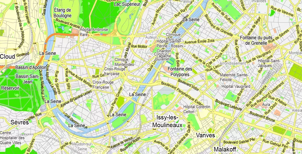 Printable Map Paris Grande Map, France, vector map Adobe Illustrator editable City Plan G-View Level 13 (2.000 meters scale) V3.09, full vector, scalable, editable, text format street names, 6 mb ZIP