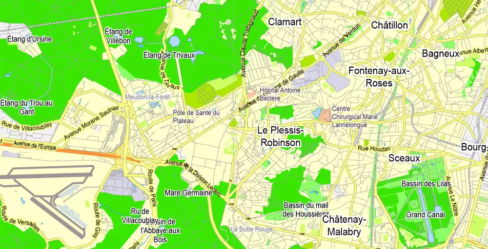 Printable Map Paris Grande Map, France, vector map Adobe Illustrator editable City Plan G-View Level 13 (2.000 meters scale) V3.09, full vector, scalable, editable, text format street names, 6 mb ZIP
