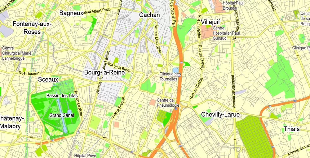 Printable Map Paris Grande Map, France, vector map Adobe Illustrator editable City Plan G-View Level 13 (2.000 meters scale) V3.09, full vector, scalable, editable, text format street names, 6 mb ZIP