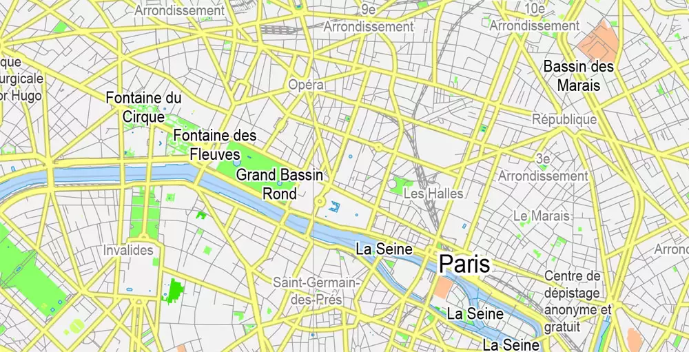Printable Map Paris Grande Map, France, vector map Adobe Illustrator editable City Plan G-View Level 13 (2.000 meters scale) V3.09, full vector, scalable, editable, text format street names, 6 mb ZIP