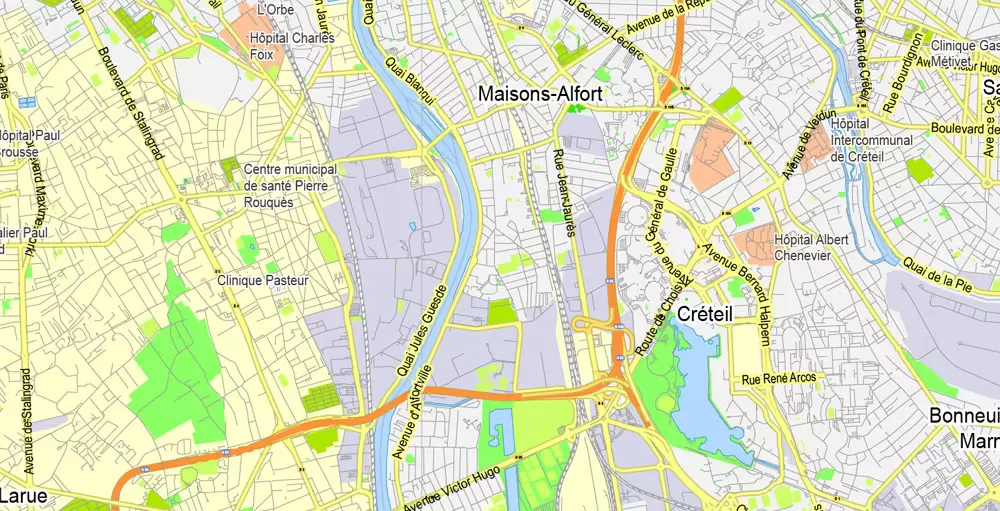 Printable Map Paris Grande Map, France, vector map Adobe Illustrator editable City Plan G-View Level 13 (2.000 meters scale) V3.09, full vector, scalable, editable, text format street names, 6 mb ZIP